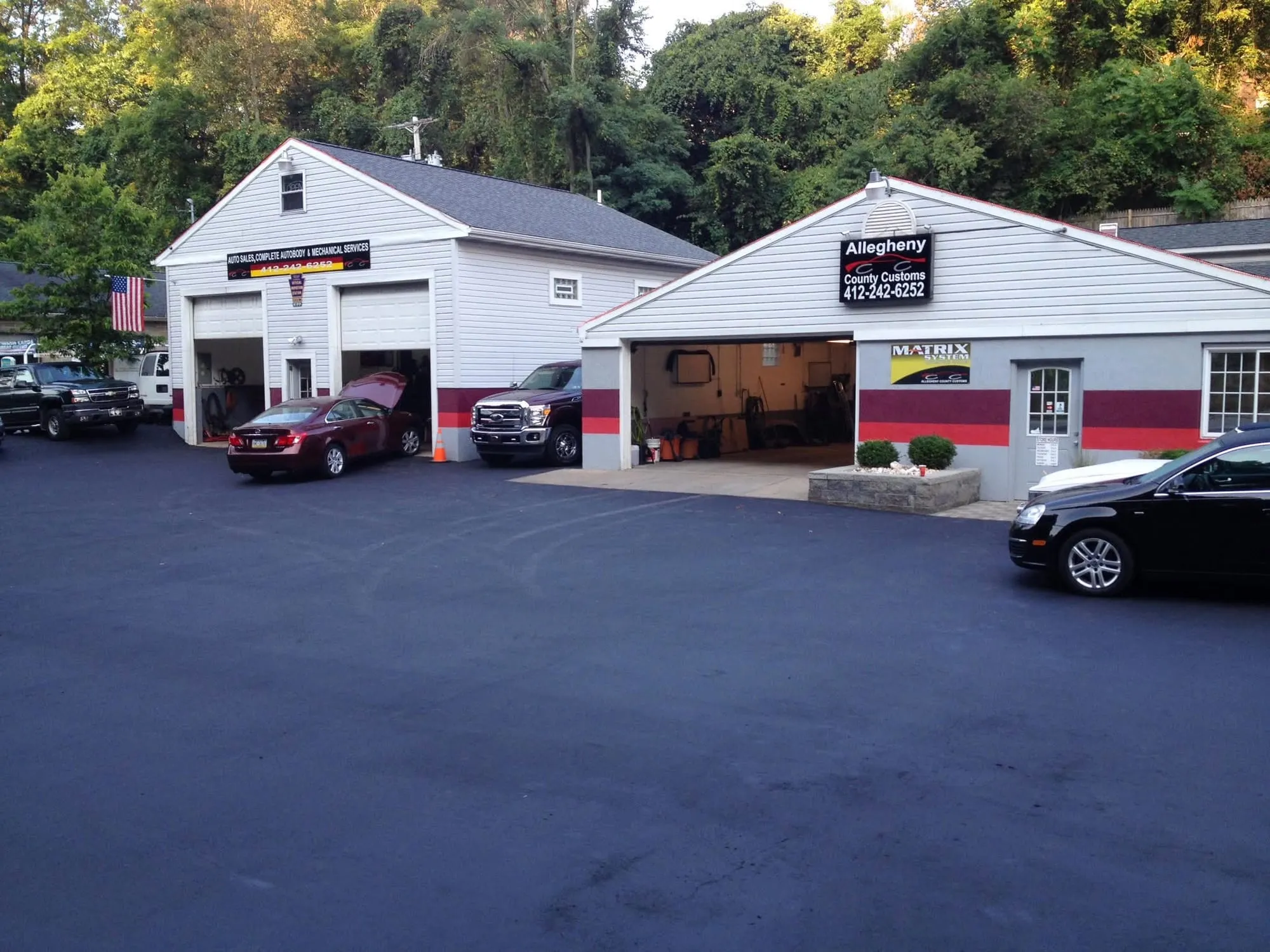 The Allegheny County Customs shop buildings and freshly paved lot on Rodi Road